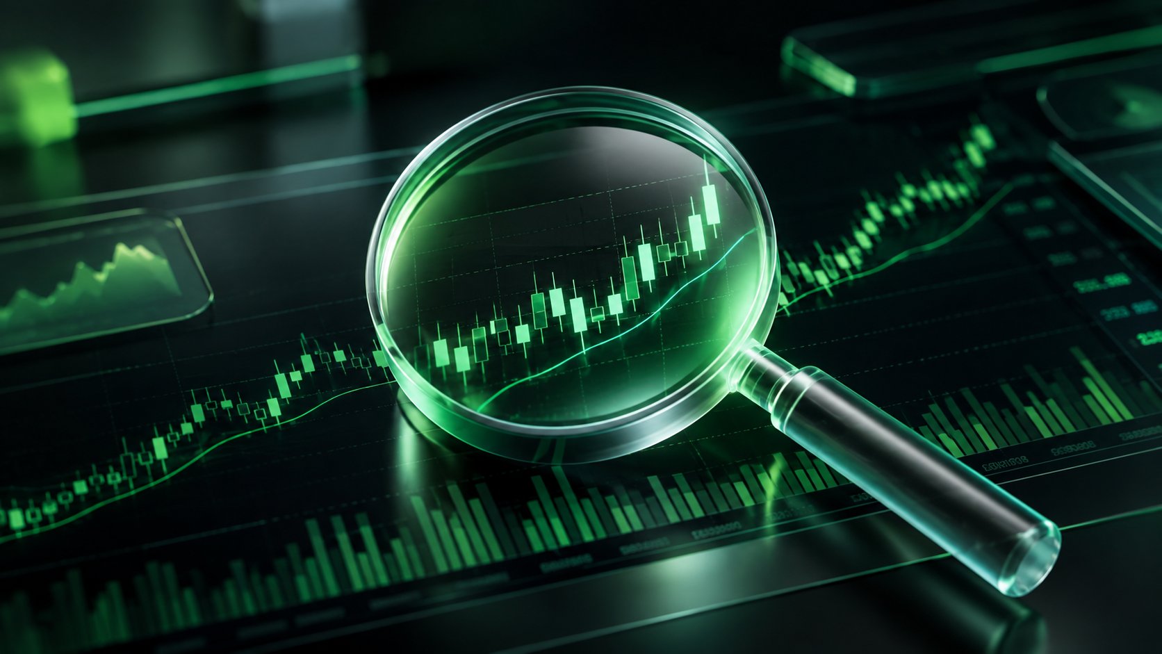 Magnifying glass over a detailed stock chart