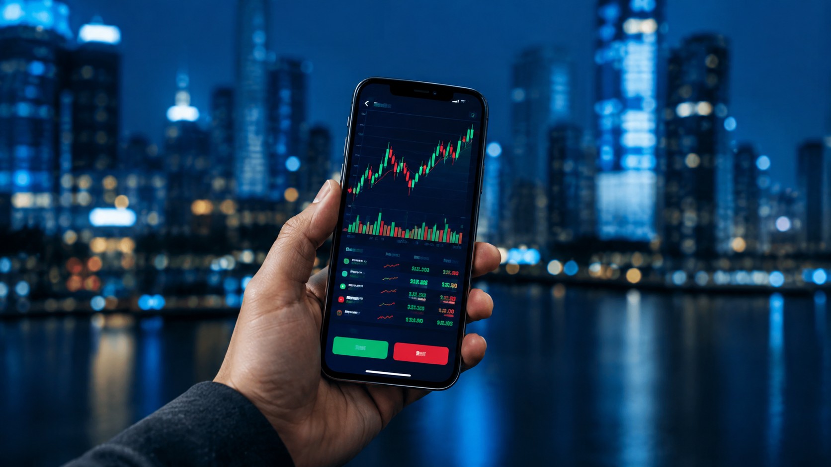 Hand holding a phone with a stock trading app and a city in the background
